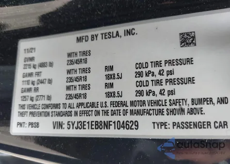 2022 Tesla Model 3 Long Range Dual Motor All-Wheel Drive from USA, damaged, VIN 5YJ3E1EB8NF104629